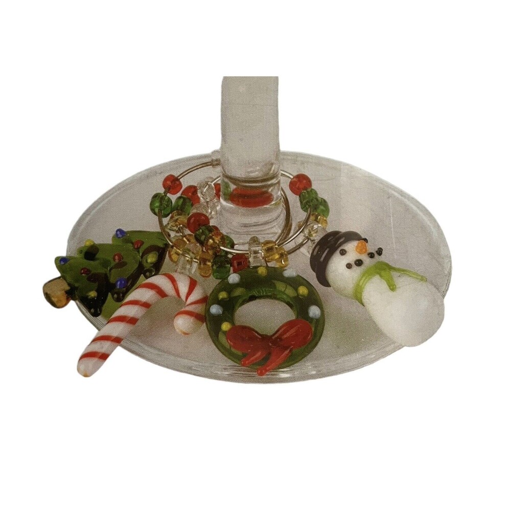 LS Arts Christmas Wine Glass Charms Ornaments Holiday Set Of 6 Hand Crafted